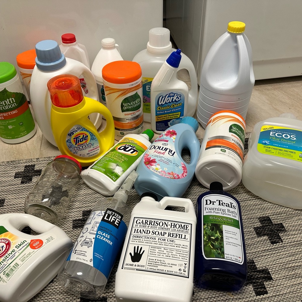 Huge lot of empty laundry detergent plastic bottles soap body wash spray bottles